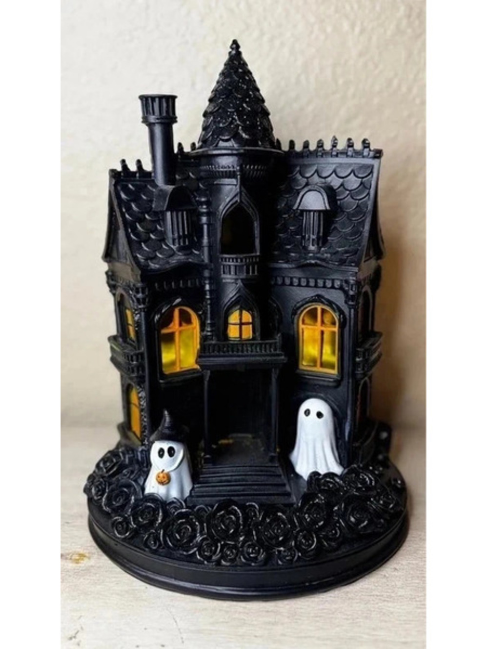 13" Tall Black Haunted House with Ghosts - Missing 2 Roof Tips AS IS
